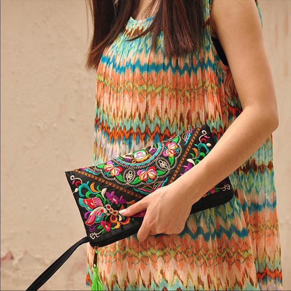Colorful Floral Embroidered Pink Tassel Wristlet - Picture 3 of 15